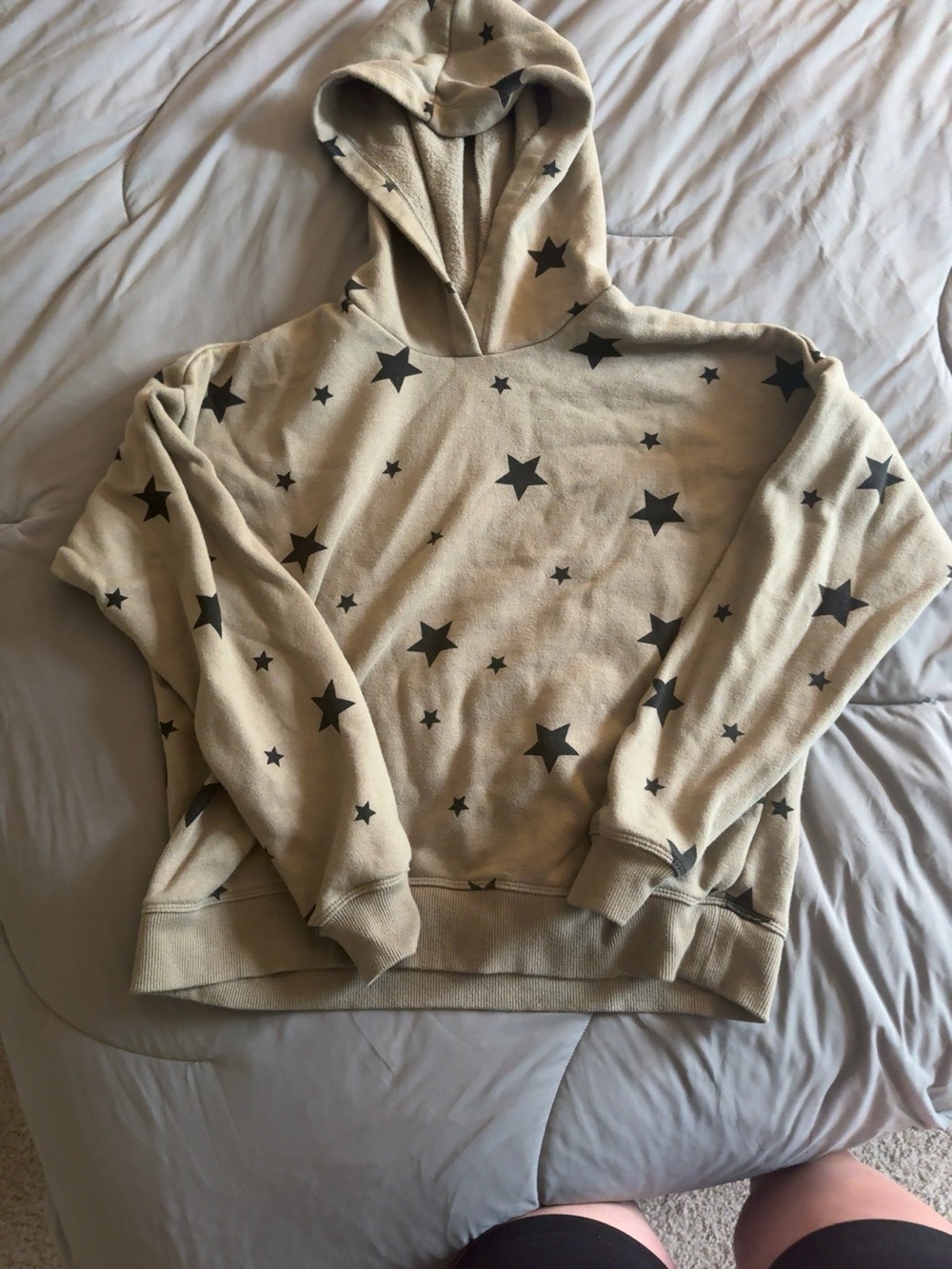 Marled Gray Star Print Hoodie Size Medium Soft Fleece Pullover